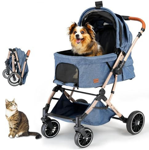 EchoSmile Passeggino per Cani Gatti Pieghevole con un Solo Pulsante, Passeggino Cane 20 kg per Cani e Gatto di Piccola Taglia Media con Manico Reversibile, Assorbimento Degli Urti (Blu)