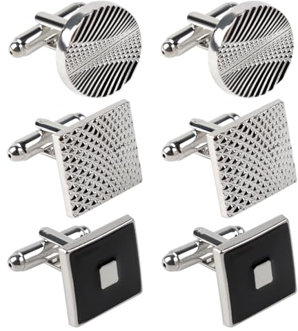 6 Stück Manschettenknöpfe Herren,3 Paar Silber Schwarz Manchettenknoepfe Herren,Klassische Quadratisch Rund und Gestreift Cufflinks for Men,Anzug Hemd Manschettenknöpfe für Hochzeit Business Tanzparty