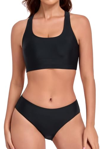 Joweechy Women's Bikini Set Sporty Scoop Neck Racerback Two Piece Swimsuit | Removable Pads Classic Rise Moderate Rear Coverage Versatile Two Piece Swimming Costumes