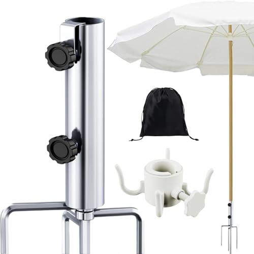 Sonnenschirmständer Verlängert, Sonnenschirmhalter mit Aufbewahrungstasche & Hängehake, Einstellbar Abnehmbar Erdspieß Sonnenschirm mit 4 Heringen, Metall Bodenanker für Strand, Gras, Freien (Ø43mm)