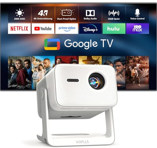 Smart Beamer【Google TV/Offizielle App】 VOPLLS Beamer 4K Heimkino 2000ANSI mit Autofokus ＆ Trapezkorrektur WiFi6 Bluetooth, Projektor mit Dolby Audio/HDR10+ Outdoor Projector für Handy