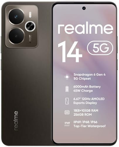 realme 14 5G Smartphone Ohne Vertrag, Snapdragon 6 Gen 4 5G, 6000mAh Titan Akku & 45W Schnellladung, 6.67” 120Hz AMOLED Esports Display, 18(8+10) GB RAM + 256GB ROM, 50MP OIS Kamera, IP69