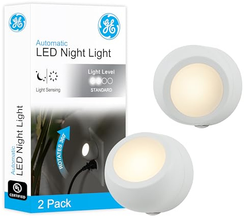 GE Rotating Plug in Night Light, Home Decor, Apartment Essentials, LED Lights for Bedroom, Ambient Lighting, Dusk to Dawn Sensor, Nightlight, Bathroom, Dorm Room, 2 Pack 31533
