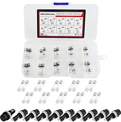 WMYCONGCONG 10 pièces AC 250V 10A/AC 125V 15A Socle porte-fusible à vis 5x20mm monté sur panneau avec kit de fusibles à tube de verre 20 pièces (10 valeurs)
