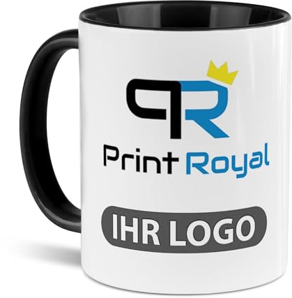 Tassendruck Firmen-Tassen 6 Stück mit eigenem Logo gestalten - Geschenke zum Firmenjubiläum, für Kollegen, Merchandise, B2B | Personalisierte Fotogeschenke, Innen & Henkel Schwarz, 300 ml
