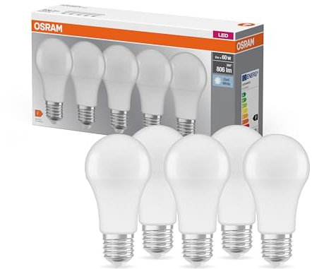 OSRAM LED Base Classic A, Sockel: E27, Nicht Dimmbar, Kaltweiß, Ersetzt eine herkömmliche 60 Watt Lampe, Matt, 5-er Pack