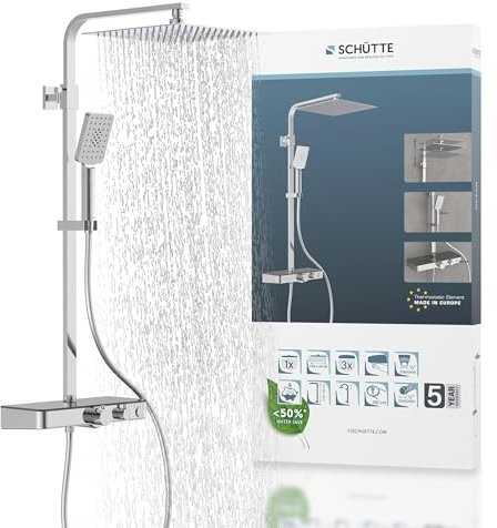 Schütte Sistema termostato e ripiano in Vetro – Set 30 x 30 cm, Pioggia con Supporto a Parete e soffione – Pannello Colonna Doccia in Cromo 60531, Cromato/Antracite, 350 x 1200 x 520 mm