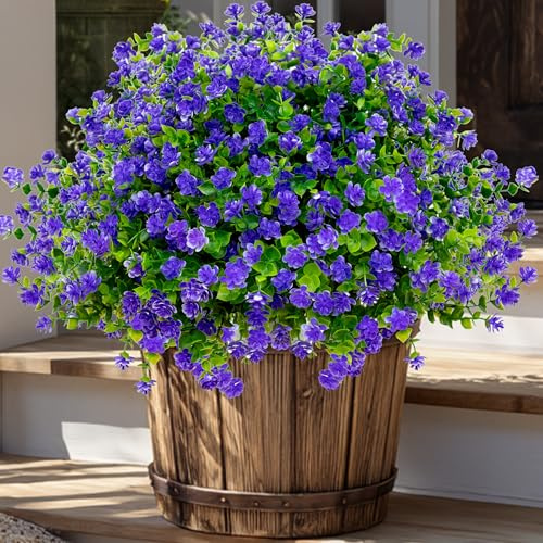 AXYLEX Artificial Flowers Outdoor Fake Plants - 12 Bundles Outside Face Plastic Greenery UV Resistant No Fade Faux Daffodils Spring Shrubs Home Decoration Garden Porch Patio Bushes Farmhouse (Purple)