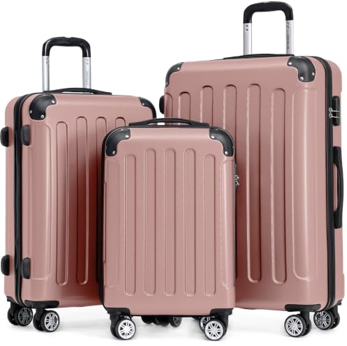 BEIBYE Kofferset 3-teilig – Kabinenkoffer, Reisekoffer und XL-Koffer aus ABS mit Doppelrollen und Zahlenschloss, Rosagold