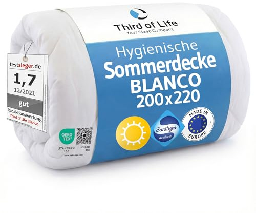 Sommerdecke 200x220 BLANCO, Extra luftige Bettdecke mit Hygieneausrüstung | Schlaf-Decke 200 x 220 cm für warme Nächte im Sommer, Feuchtigkeitsmanagement und hohe Atmungsaktivität, Allergiker geeignet