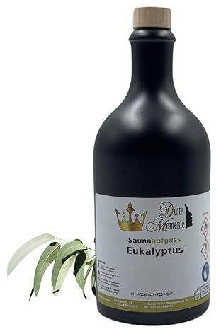 Dufte Momente | Saunaduft Eukalyptus 500ml in schwarzer Steinzeugflasche mit Korkmündung | mit naturreinen ätherischen Ölen | vegan, ohne Tierversuche | in gewohnter Premiumqualität