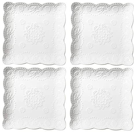 Eplze YBK Tech Elegant Square Embossed Lace Plates, Porcelain Dessert Plates for Breakfast Afternoon Tea, Set of 4 (8-inch)