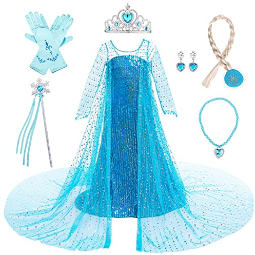 LOBTY Mädchen Elsa Prinzessin Kleid mit Accessoires Schneekönigin Verkleidung Kinder Prinzessin Kleid Geburtstag Party Weihnachten Halloween Karneval Cosplay Kostüm Blau, 110