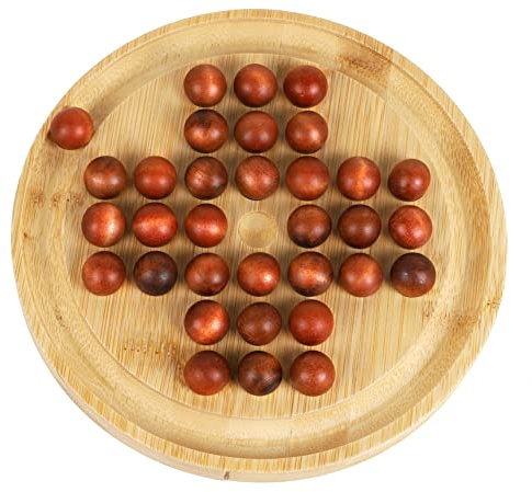 TOWO Trä-politaire-spel – Peg solitaire pusselleksak – klassiskt brädspel, marmorschack, tankespel, 22,5 cm, rund bräda med träkulor, en-spelare-gameplay, tanksportpussel