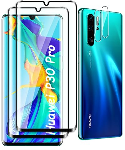 Fyqzio [2+2 Stück Gehärtetes Glas Schutzfolie kompatibel mit Huawei P30 Pro und Kamera,Keine Blasen,9H Härte,Anti-Scratch,3D-Curved,HD-Displayschutz für Huawei P30 Pro