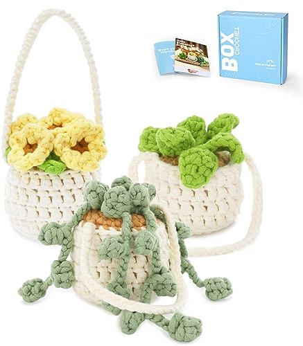 CROCHET BOX Beginner Kit - 3 PCS Hanging Potted Plant Set for Adults and Teens With Step-by-Step Video Tutorials, Instructions - Birthday Gift