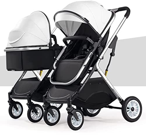 Dubbel barnvagn bredvid varandra, tvillingbarnvagn, tandem för spädbarn och småbarn, vikbart, stötdämpande paraply med hög liggande funktion och justerbart ryggstöd (färg: