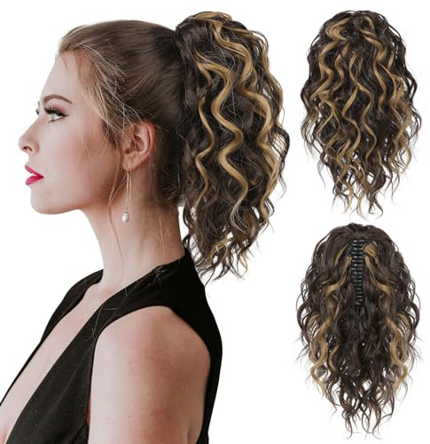FLUFYMOOZ Ponytail Extension, 31CM kurze Klauen Pferdeschwanz Haarverlängerung, gewellte, lockige Pferdeschwanz mit Kinnclip, synthetische Perücken für Frauen Schokoladenbraun mit blonden Highlights