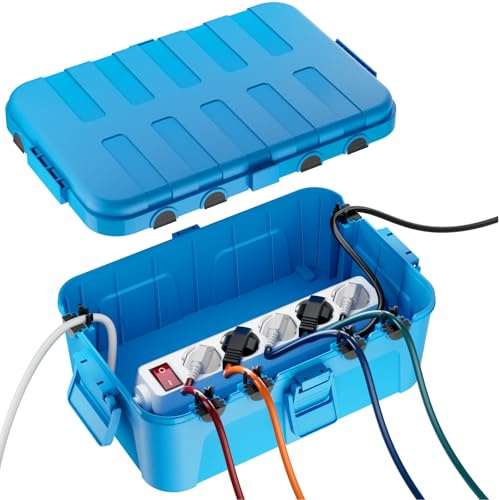RESTMO große Kabelbox wasserdicht, Elektrokasten für Verlängerungskabel | IP54 wetterfest, 32x22x13cm, für Steckdosenleiste, Außensteckdose, Gartensteckdose, Verteilerdose & Kabel, Blau