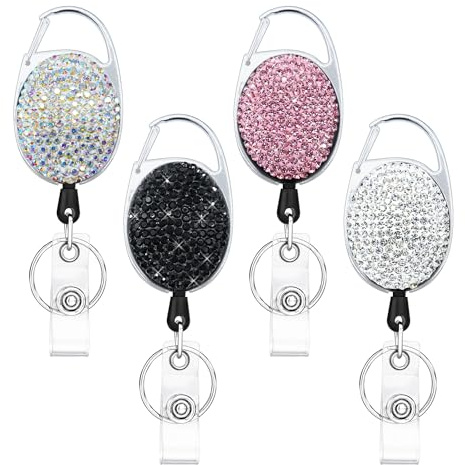 SQEYYGI 4PCS Badge Holder Retractable Clip with Bling Rhinestones Crystal, Sparkly Badge Reel with Belt Clip and Key Ring (White + Pink + AB Clour + Black)