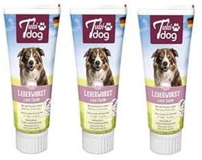 Tubi DOG Delikatess Leberwurst aus der Tube für Hunde | 3er Pack | 3 x 75 g | Praktische Soft-Touch-Tube | Zuckerfreie fettreduzierte Snackpaste ohne Konservierungsstoffe