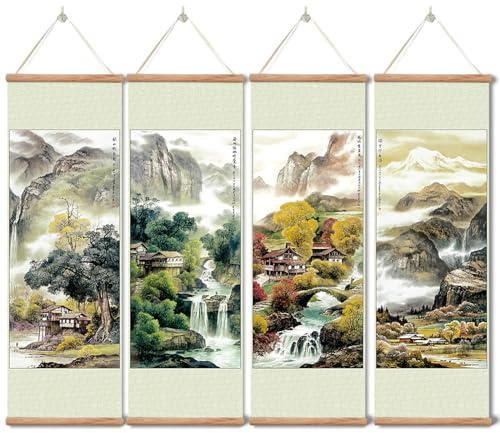 Landscape Painting,Chinese Ancient Architecture Posters and Prints,traditional Ink Decor,Wall Art Black and White for Living Room Bedroom,4 Piece Set Fixed Wooden Hanging Scroll (Four Seasons, 12”x36”x4piece)