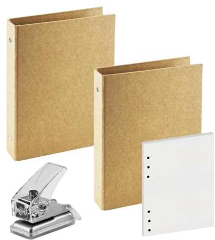 2 Stück Ringbuch A5 NachfüLlbar, NachfüLlbar Kraftpapier, 6 Ringen Ringordner A5, Ringmappe A5, Ringhefter A5, mit Punch und 80 Blatt, für Schule, Büro