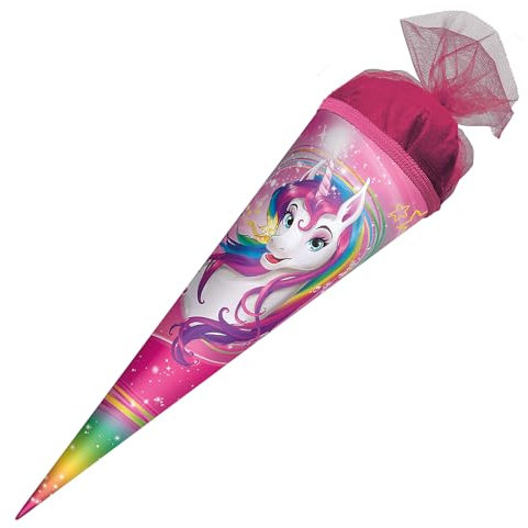 ROTH 10278779 Schultüte Einhornportrait 50 cm groß, runde Zuckertüte mit Tüllverschluss, Geschenkverpackung zur Einschulung, Pink