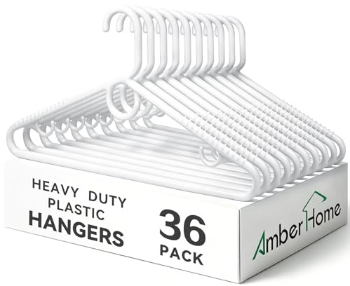 Amber Home 36 Unidades Perchas de plástico súper Resistentes, Perchas de plástico Blanco Antideslizantes para Abrigos, Chaquetas y Camisas, Barra Antideslizante para Pantalones