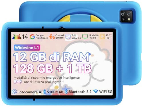 Blackview TabA6Kids Tablet Niños 10 Pulgadas Android 14,12GB RAM+128GB ROM/1TB, Octa Core Tablet para Niños Widevine L1/Eye-friendly HD+ 800*1280/5100 mAh/Dual AI Cameras/Parent Control/5G WiFi/BT 5.2