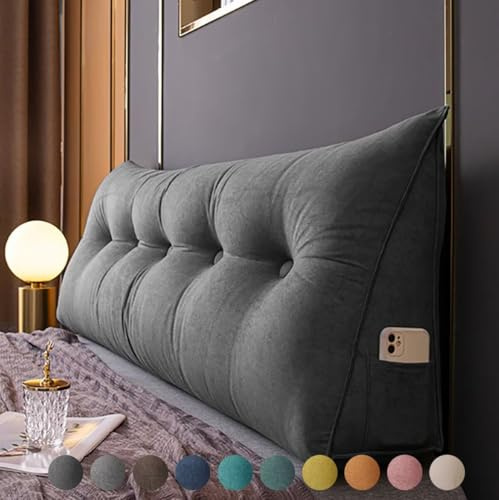 Bettkissen Rückenlehne 180cm Dunkelgrau, Rückenkissen Bett Keil Kopfteil Kissen, Waschbar Abnehmbar Rückenstützkissen Lendenkissen mit Seitentasche, Bequemes Wandkissen Lesekissen für Bett und Sofa