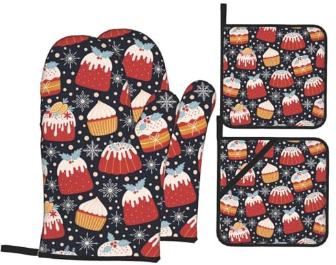 Ofenhandschuhe und Topflappen-Set, Weihnachten, Cupcakes, Schneeflocken, hitzebeständig, Küchen-Backhandschuhe, rutschfeste Oberfläche zum Kochen, Backen, Grillen, Grillen