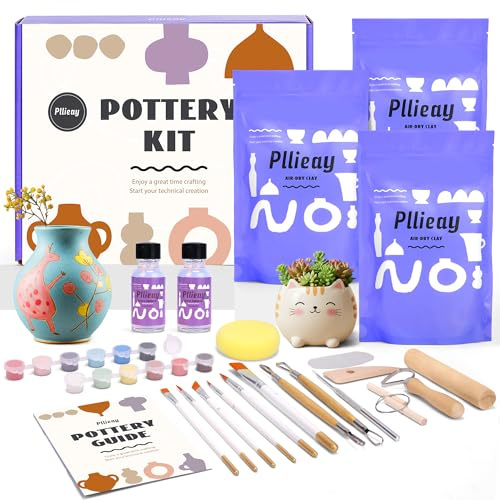 Pllieay Töpferset für Zuhause Lufttrocknenden Ton Keramik Bemalen Set Pottery Set Selbsttrocknender Ton DIY Kreativ Set Basteln Erwachsene mit Werkzeugen, Lack und Anleitung