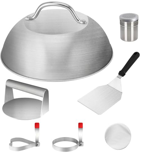 HpCuales Smash Lot de 7 ustensiles de barbecue en acier inoxydable avec presse à hamburger, spatule pour barbecue, cloche à hamburger, saupoudreuse à épices et 2 anneaux à œufs pour de délicieux