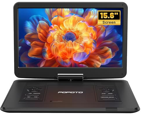 POFOTO 17,5'' Tragbarer DVD-Player mit 15,6'' Drehbarem HD-Display, 6h Akkulaufzeit, Unterstützt Mehrere Formate/SD/USB, Zonenfrei, TV/Projektor-Sync, Stoßfest & Speicherfunktion, Stereo-Lautsprecher