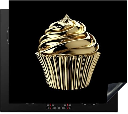 KitchenYeah© Herdabdeckplatte Einteilig Herdabdeckung Abdeckplatte für | 60x52 cm - Ceranfeld Abdeckung Induktionskochfeld Aufrollbare Matte Cupcake - Lebensmittel - Gold - Schwarz