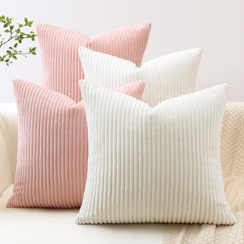 JOTOM 4er Set Cord Kissenbezüge Kissenhülle Dekorative Zierkissen Couchkissen Sofakissen Dekokissen Kordsamt Kissenbezug Deko Kissenhülle für Sofa Wohnzimmer (50x50cm, Cremeweiß Rosa)