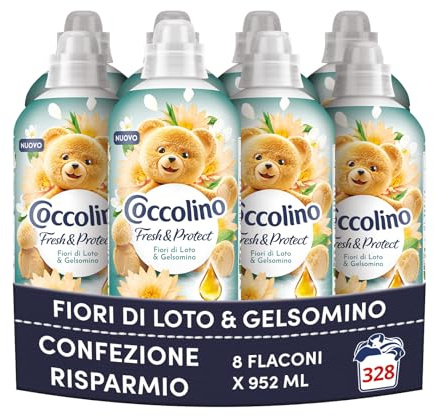 Coccolino Ammorbidente Concentrato Fiori di Loto e gelsomino, Ammorbidente Lavatrice Fresh&Protect, Morbidezza Naturale, Freschezza Lunga, 41 Lavaggi, 8 x 952 ml
