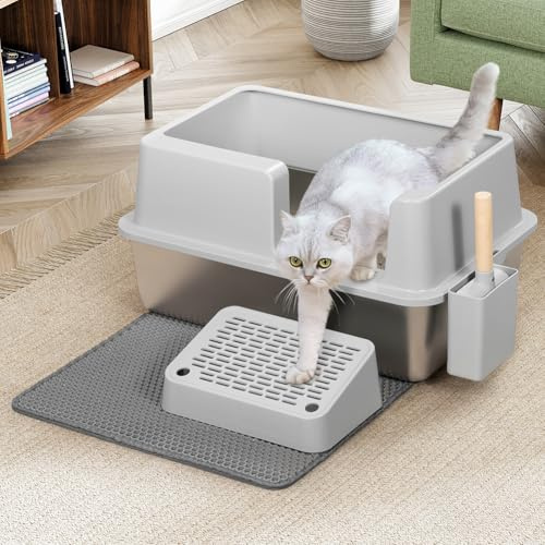 BAKAJI Lettiera per Gatti XXL Semiaperta con Base in Acciaio Inossidabile, Capacità 35 Litri e Pedana Anti Sabbiolina, Paletta con Contenitore e Tappetino Antisporco, 60 x 40 x 30 cm