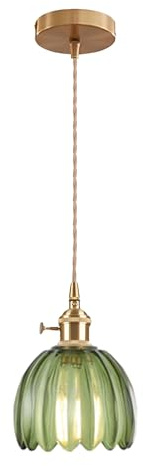 EKSED Vintage Pendelleuchte aus Glas mit Goldener E27-Fassung und Drehschalter, Lampenschirm in Blütenblattform, Hängelampe für Küche, Esszimmer oder Schlafzimmer (grün, 1 Stück)