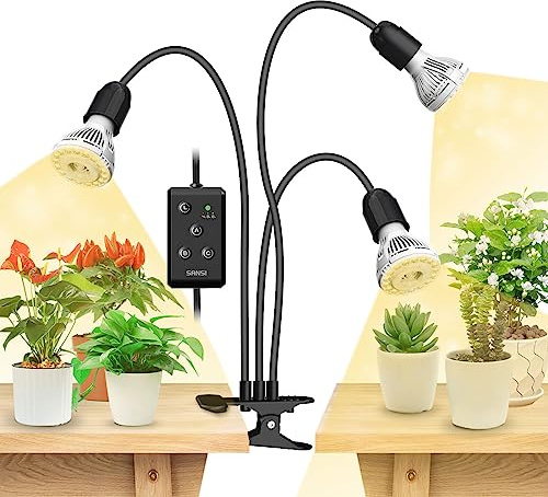 SANSI 450W LED Grow Lights, 3-Head Full Spectrum LED Plant Lamp with Clip, 4000K Sunlike, Timer 4/8/12 Hrs for Indoor Seedlings Germination (Lifetime Free Bulb Replacements) - NEW Black