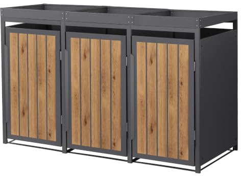 ML-Design Mülltonnenbox 3er 240L mit Pflanzdach, Mülltonnenverkleidung für 3 Mülltonnen, Müllbox wetterfest, Mülltonnenhaus aus Stahl, Müllcontainer mit Tür Gerätebox 196x80x124 cm Anthrazit-Holzoptik