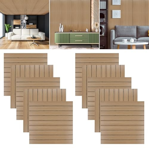 3D autocollants en bois 3D rainurés Lot de 10 panneaux muraux - 40 x 40 cm - Revêtement mural en PVC - Imperméable et résistant à la chaleur - Pour mur, plafond, crédence de cuisine (bois)