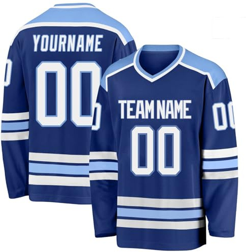 Custom Ice Hockey Jersey for Mens Personalized Hockey Practice Uniforms Long Sleeves Customized Sport T Shirt Printed with Your/Team Name Number Blue