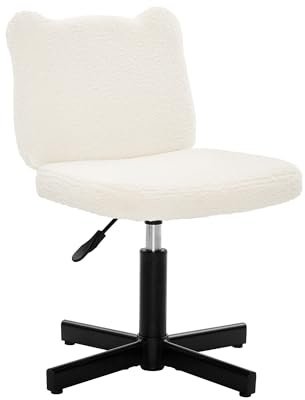 LUE BONA Adjustable Vanity Stool Chair with Girly Bear Ear Wide Back, 360° Swivel Vanity Stool for Makeup Room, Upholstered Teddy Velvet Ottoman for Teen Girls, 350lbs, Beige