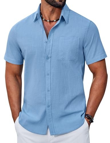 COOFANDY Camicia Uomo a Maniche Corte in Cotone Estiva Regular Fit Camicie Casual con Tasche