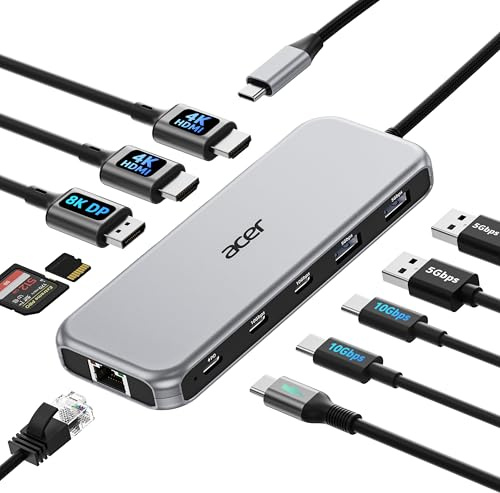 Acer Laptop Docking Station 3 Monitors, 11-in-1 USB C Docking Station with 8K DP, HDMI 4K@60Hz, 10Gbps Data, 1 Gbps Ethernet Hub, 100W Power Delivery, SD/TF, USB C Hub Multiport Adapter for Laptop