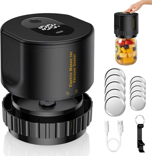 Envasadora al Vacio para Tarros Cristal, Kit de Sellador al Vacío Mason Jar Apto para Tarros Mason de Boca Ancha y de Boca Normal, Abridor y 5 Pares de Tapas, Pantalla LED