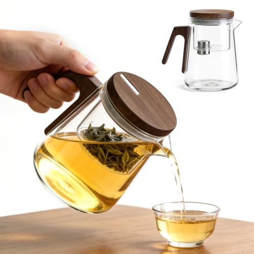 Magic Teekanne Glas mit Sieb, Teezubereiter für losen Tee, Glas-Teekanne mit Magnet-Sauger-Deckel und Hitzebeständigkeit, Walnussholzgriff, ideal als Tee-Geschenk für Zuhause & Büro