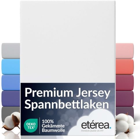 etérea Jersey Spannbettlaken Premium 200x200 cm Weiss Rundumgummi Bettlaken | 160 g/m² gekämmte Baumwolle Spannbetttuch · Rundumgummizug · bügelfrei & farbecht · OEKO-TEX Made in Green